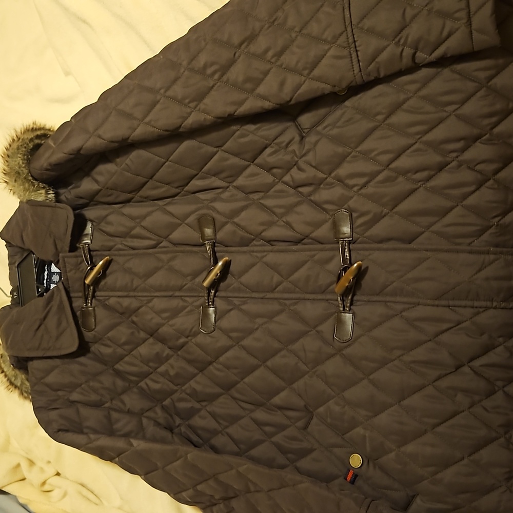 Brown Women's XL Tommy Hilfiger Faux Fur-Lined Hooded Coat.